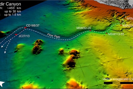 Il cammino della frana sottomarina lungo l’Agadir Canyon nell’Oceano Atlantico (fonte: Christoph Bottner, Aarhus University)